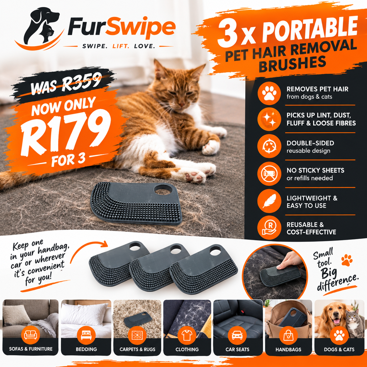 FurSwipe Portable Pet Hair Removal Brushes